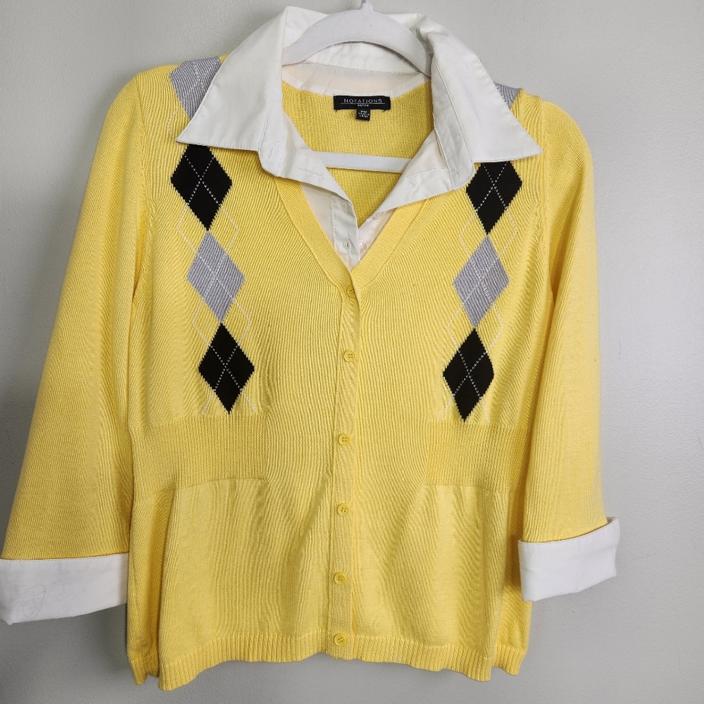 Vintage 90s Y2K Notations Pullover Argyle Yellow Sweater Size PM teacher office